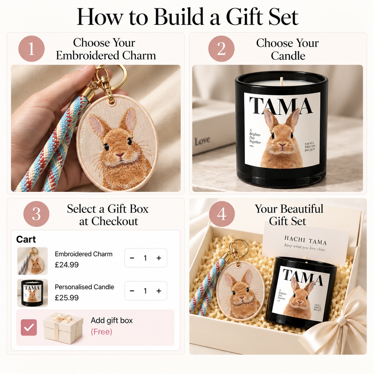 How to Build a Gift Set — choose your embroidered charm, choose your candle, select a gift box at checkout, your beautiful gift set