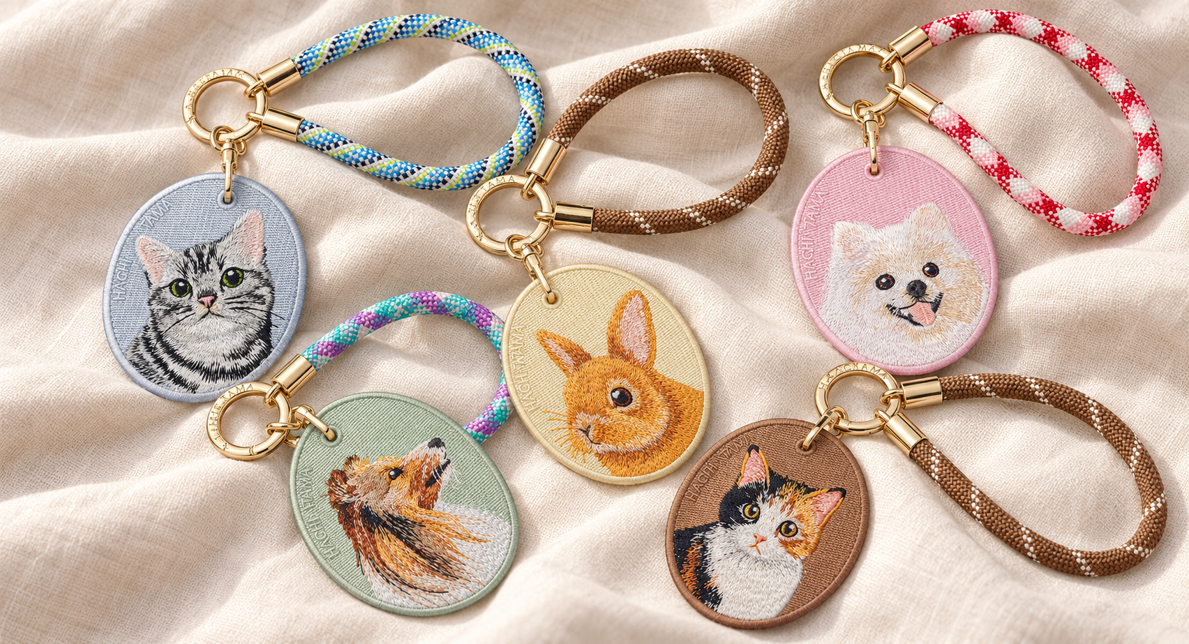 Five HACHI TAMA embroidered pet charm keyrings featuring a tabby cat, Collie, rabbit, white dog and calico cat on beige fabric in sunlight