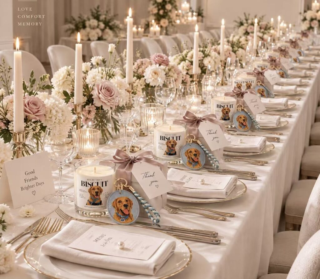 Wedding table styled with Hachi Tama candles and embroidered pet charms