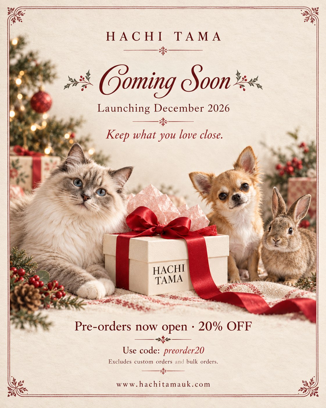 HACHI TAMA Christmas launch with a cat, dog and rabbit beside a gift box