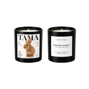 HACHI TAMA Morning Ramble candle in a black glass jar with a white front label