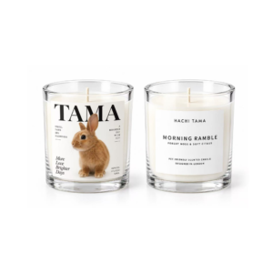 HACHI TAMA Morning Ramble candle in a clear glass jar with a white front label