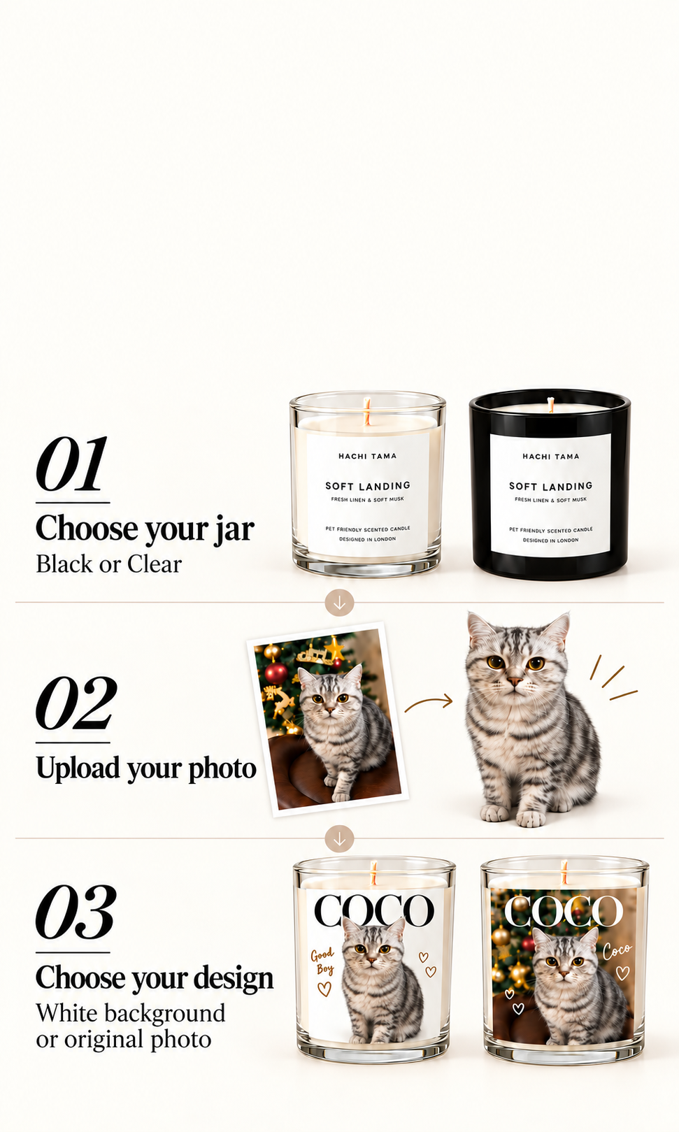 HACHI TAMA pet photo candle personalisation guide showing clear and black jars, a cat photo upload, and white-background or original-photo designs featuring COCO