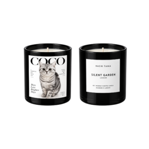 HACHI TAMA Silent Garden candle in a black glass jar with a white front label