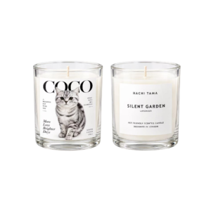 HACHI TAMA Silent Garden candle in a clear glass jar with a white front label
