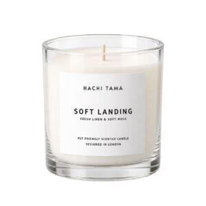 HACHI TAMA Soft Landing candle in a clear glass jar with a white front label
