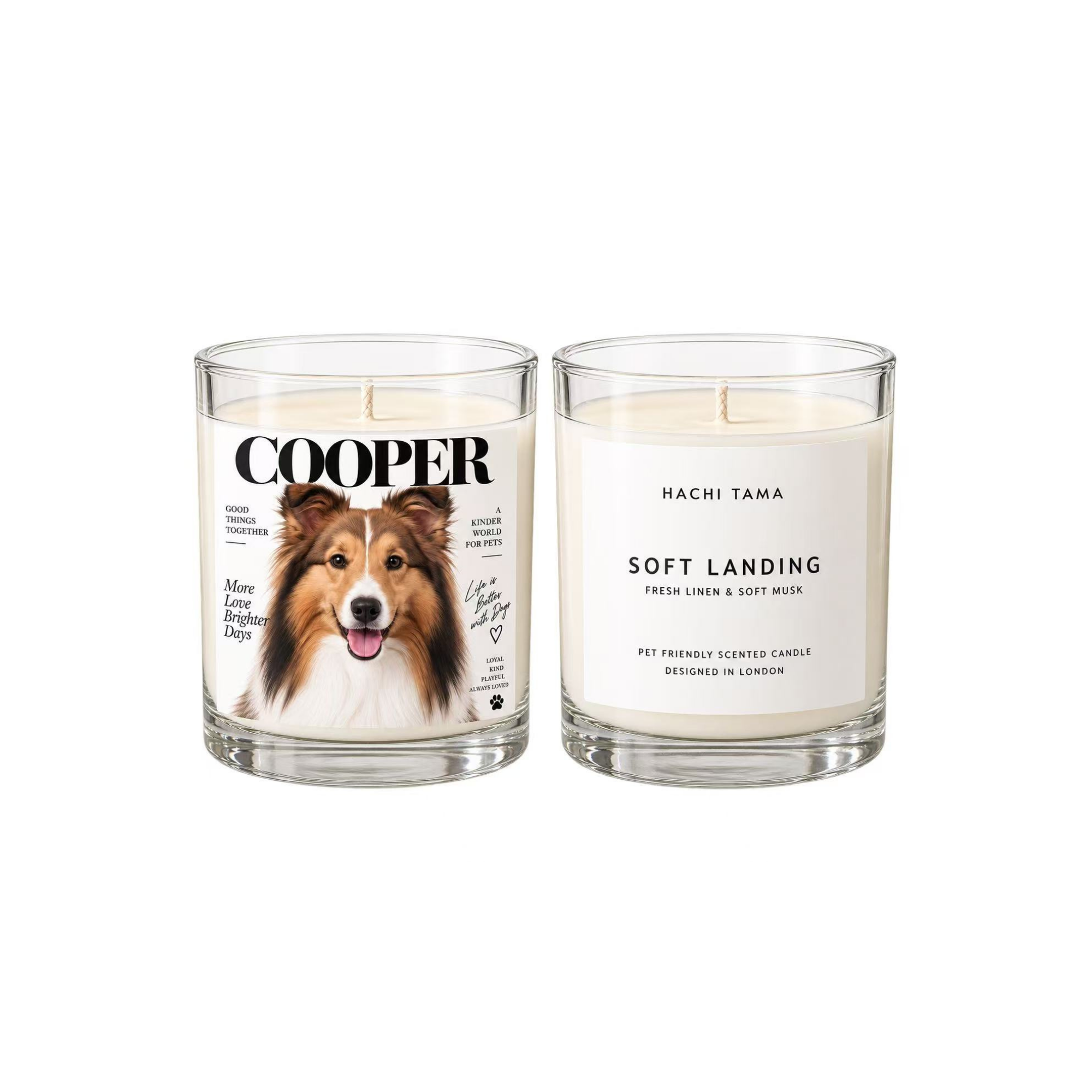 HACHI TAMA Soft Landing candle in a clear glass jar with a white front label